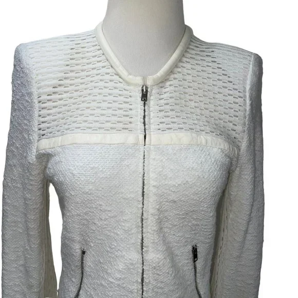 IRO Hurley White Leather Trim Textured Knit Zip Jacket FR38 Pockets Embroidered - Picture 3 of 12